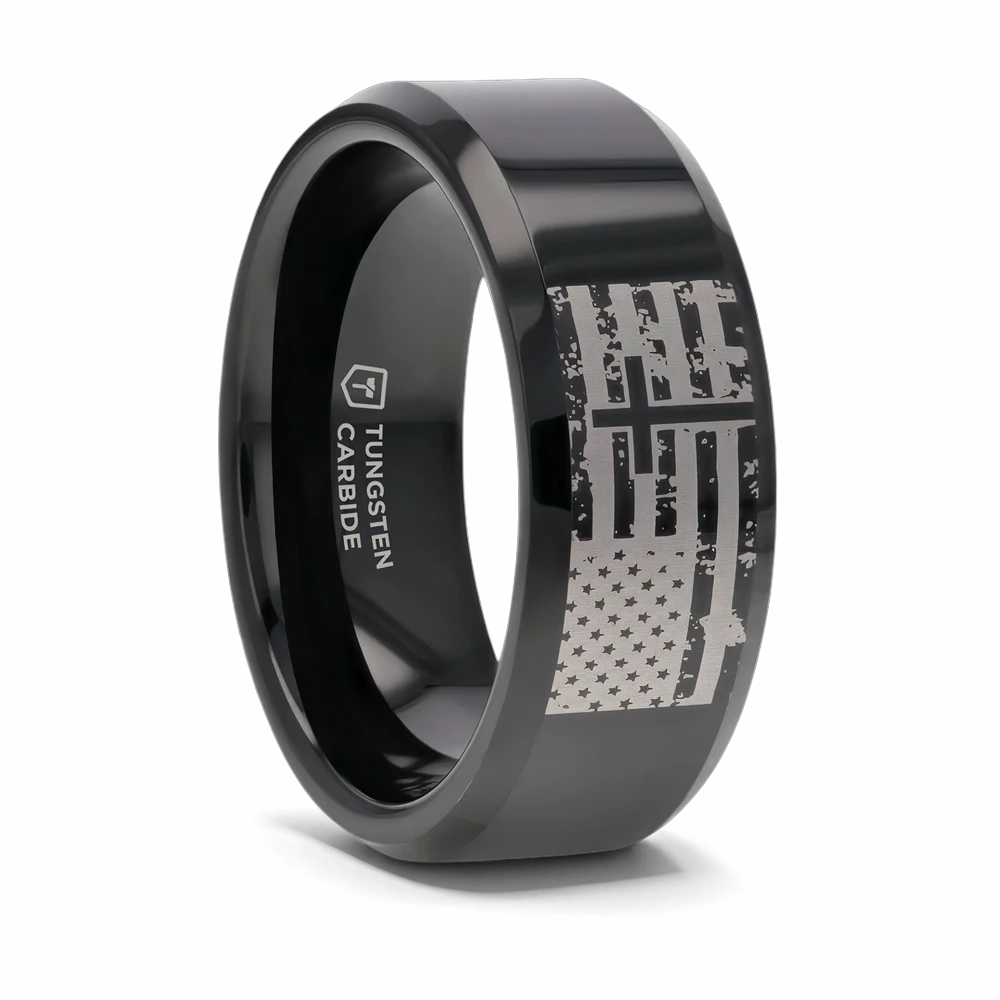 American Flag and Cross Tungsten Ring