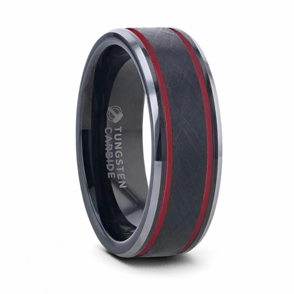 Black Tungsten Men's Ring with Double Red Stripe