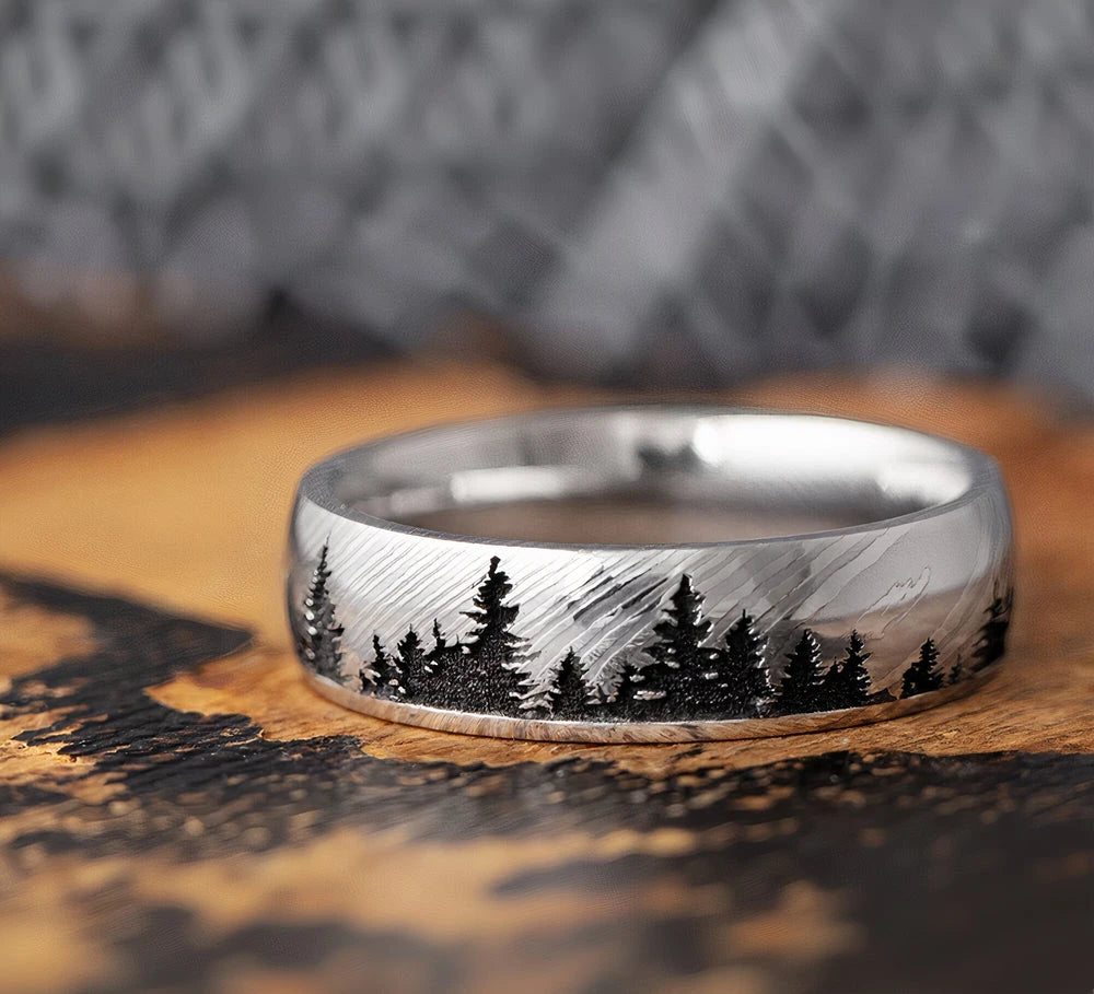 damascus steel tree line ring