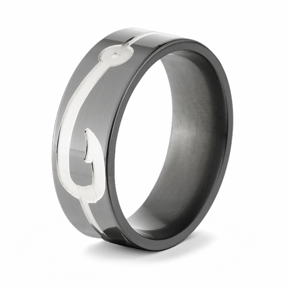 Ring with Large Fish Hook - Zirconium 8mm Ring with Large Fish Hook - Zirconium 8mm