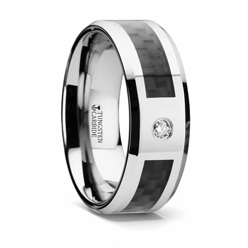 Tungsten Carbon Fiber Ring with Inset Diamond