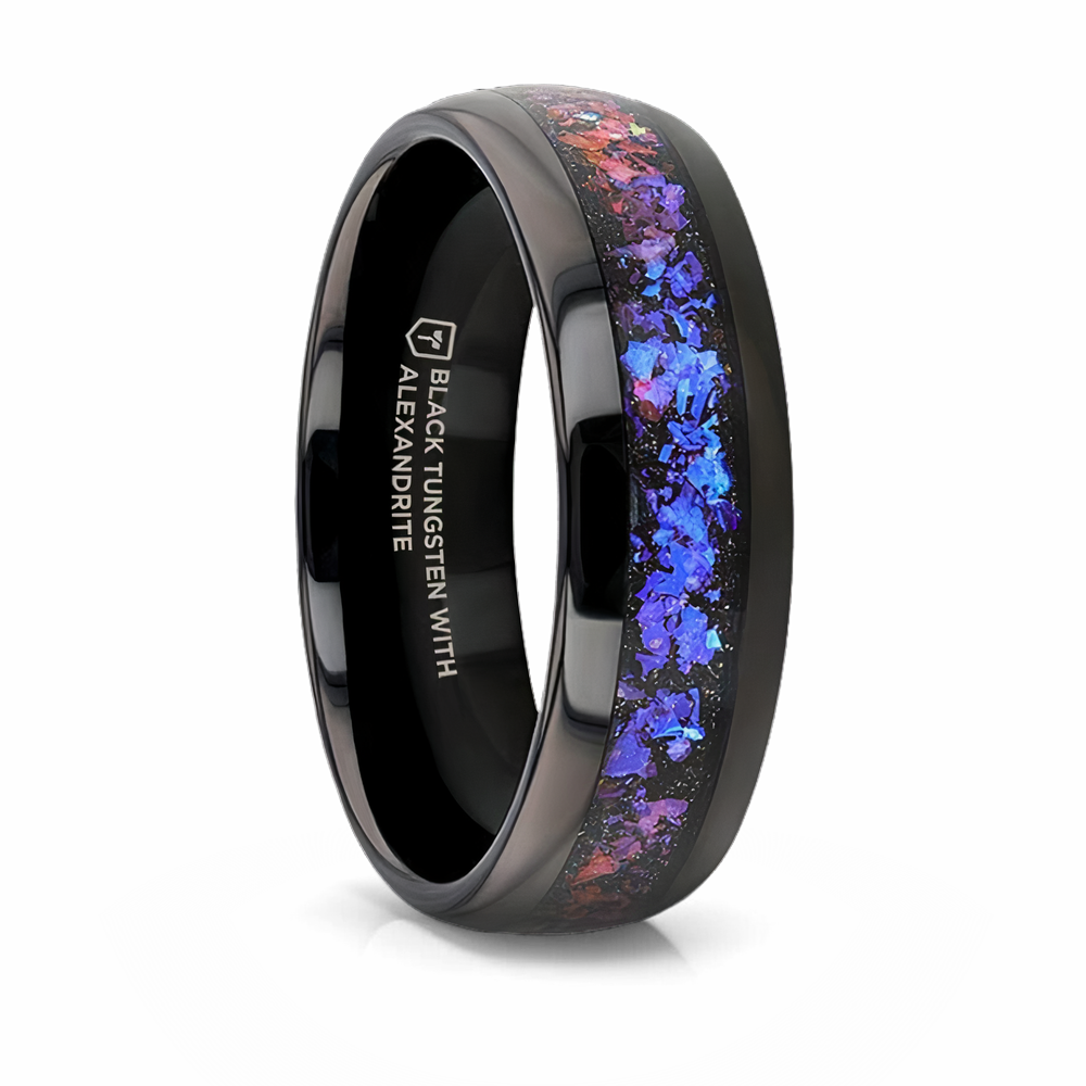 Black Tungsten Ring with Crushed Alexandrite and Dark Blue & Purple Crushed Goldstone