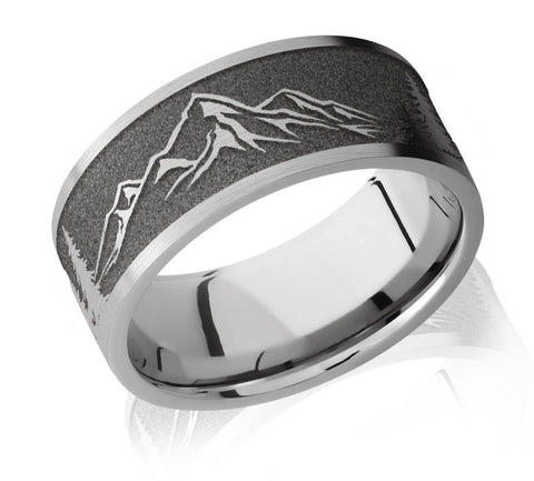 Mountain Scene Ring with Trees  Gray Background