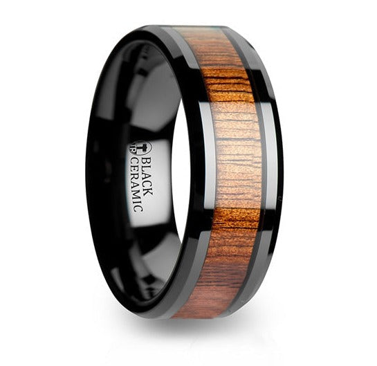 Koa Wood Inlay Ring in Beveled Black Ceramic