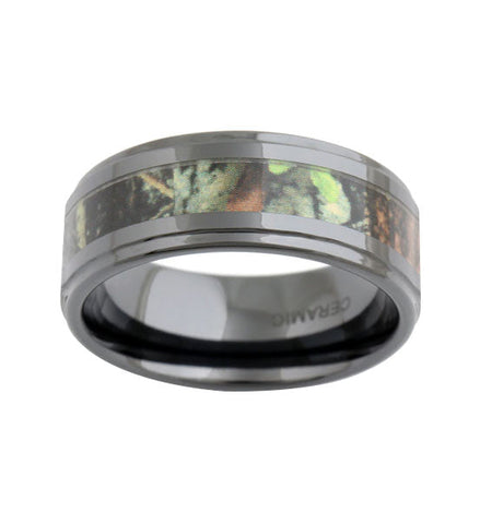 Camo Ring in Black Ceramic with Leaves and Branches