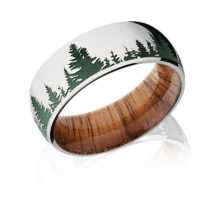 Green Tree Line Ring with Koa Wood Sleeve | Forest Wedding Ring in Cobalt