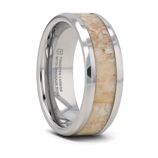 White Dinosaur Bone Inlay Ring Tungsten- Choose Width 