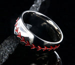 Mens Baseball Wedding Band - Polished Finish with Red Stitching 