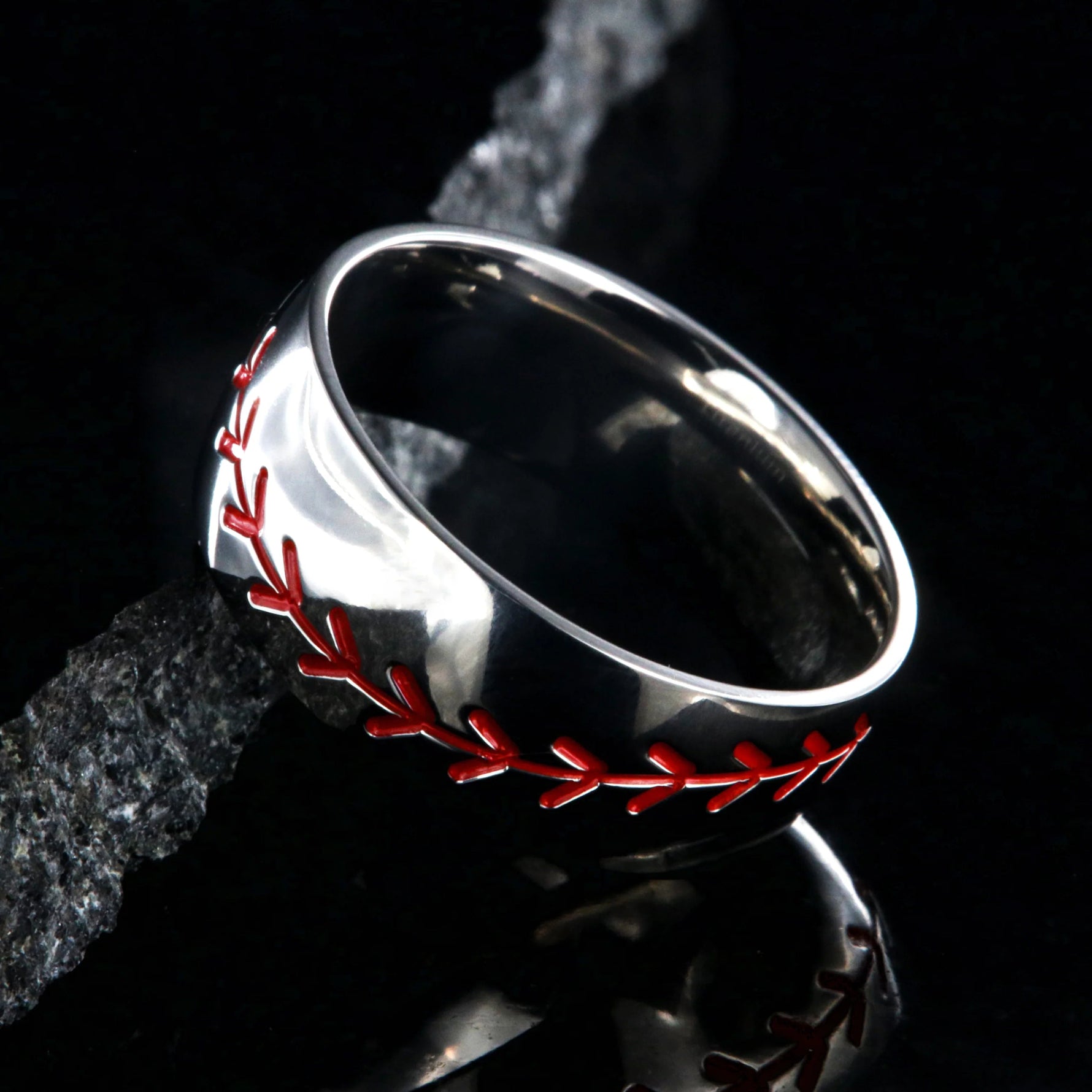 Mens Baseball Wedding Band - Polished Finish with Red Stitching 
