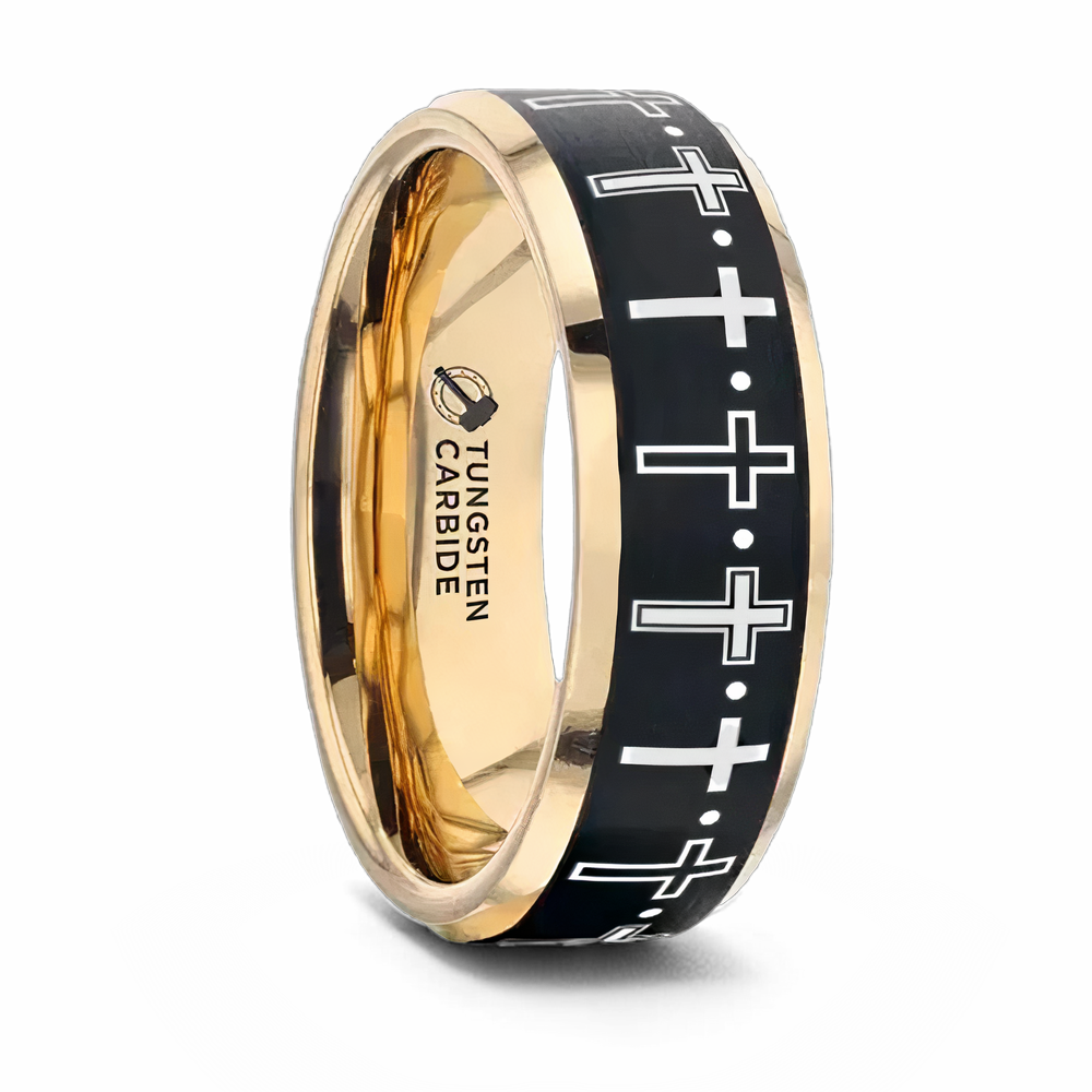 Gold Plated Ring with Crosses and Black Center 