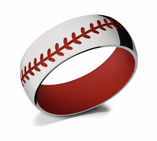 Baseball Stitch Ring with Red Sleeve - Titanium 