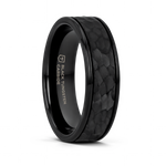 Hammered Finish Black Tungsten Ring with Grooved Edges - 6mm or 8mm