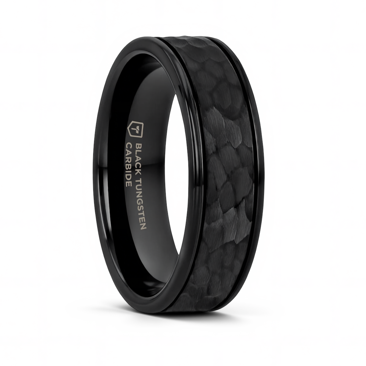 Hammered Finish Black Tungsten Ring with Grooved Edges - 6mm or 8mm