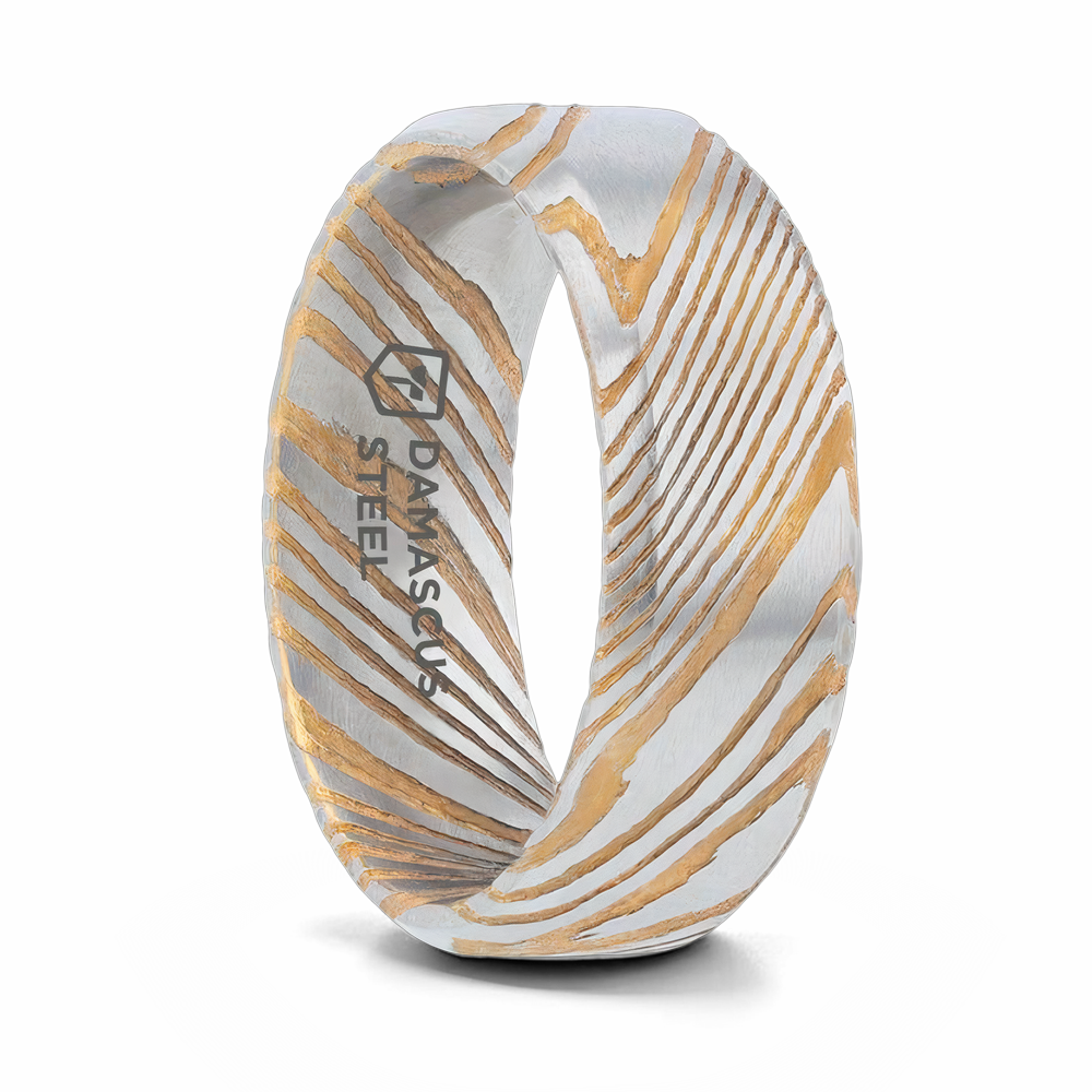 Damascus Steel Ring with Gold Color - 6mm or 8mm 