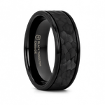 Hammered Finish Black Tungsten Ring with Grooved Edges - 6mm or 8mm