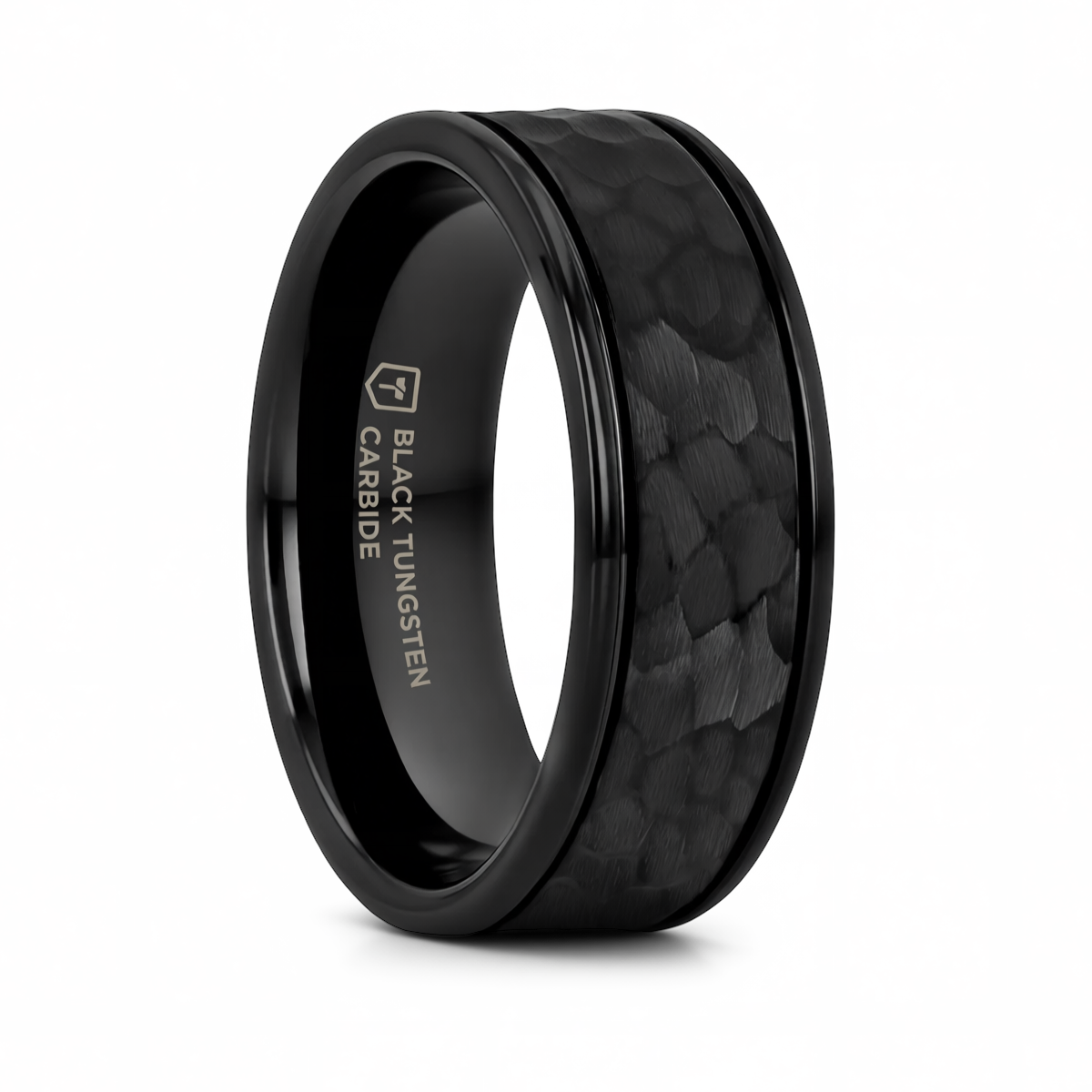 Hammered Finish Black Tungsten Ring with Grooved Edges - 6mm or 8mm