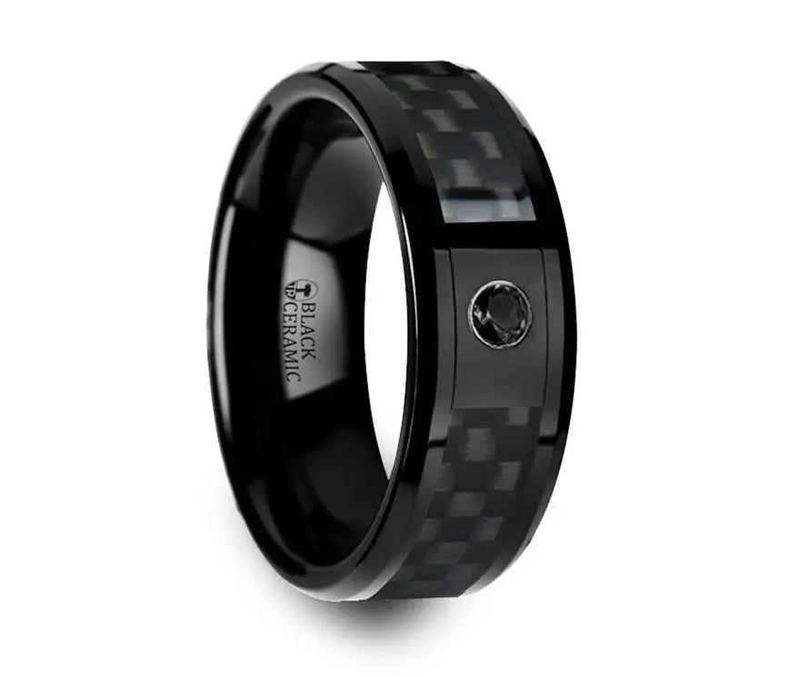 black ceramic ring with carbon fiber and black diamond