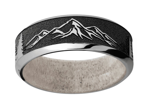 Titanium Mountain Pattern Ring with Antler Sleeve