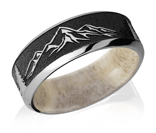 Titanium Mountain Pattern Ring with Antler Sleeve - Camo Ever After