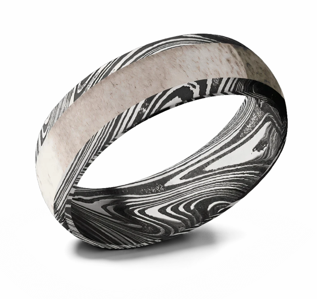 Acid Etched Damascus Antler Ring 