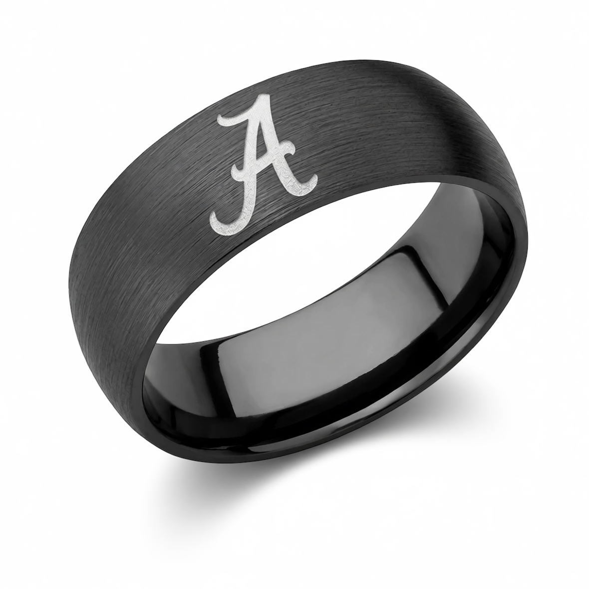 Alabama collegiate ring in 8mm satin black zirconium with contrasting light-colored Alabama A logo