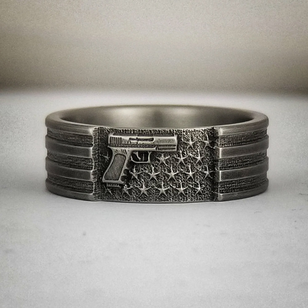 American Flag 2A Battleworn Titanium Ring 