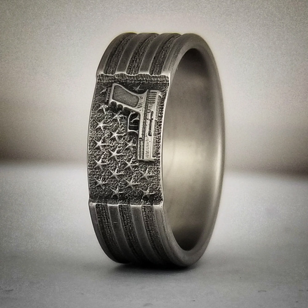 American Flag 2A Battleworn Titanium Ring 