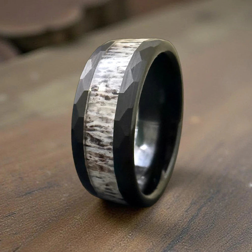 Antler Ring in Black Hammered Tungsten 