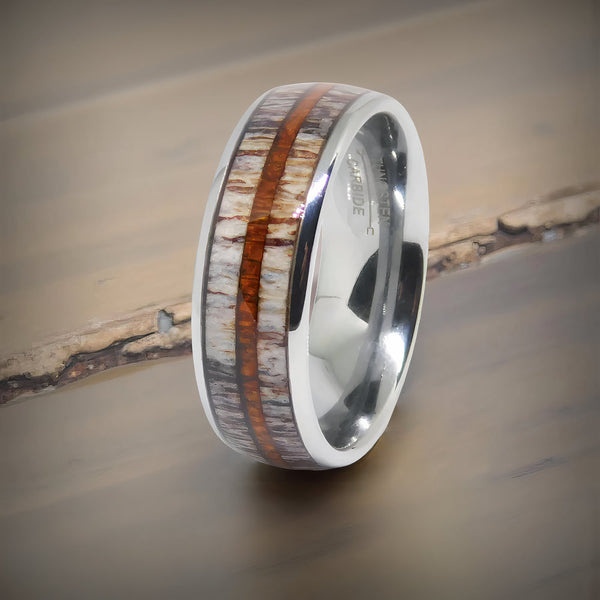 Tungsten Ring with Antler & Whiskey Barrel Strip 