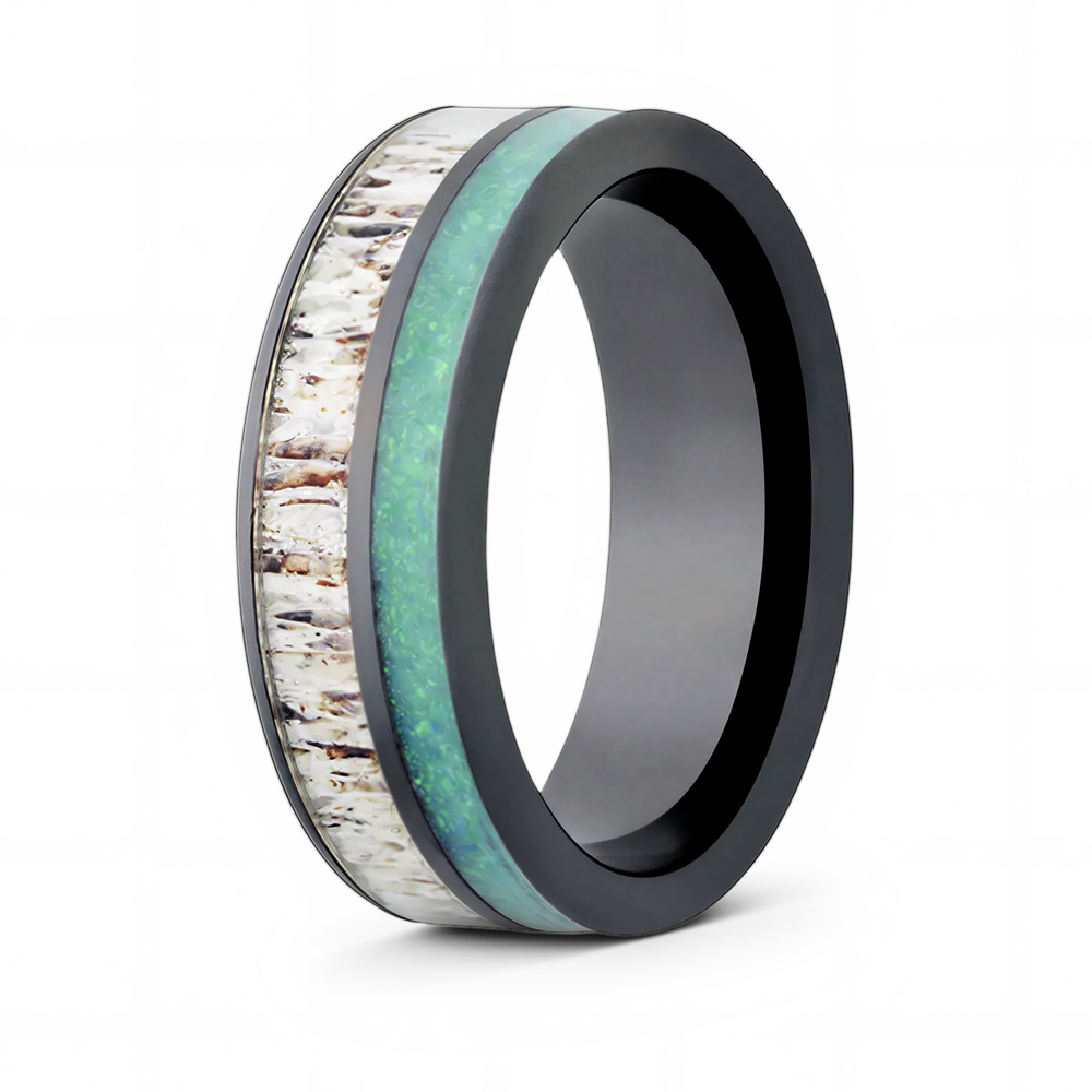 Antler & Blue Opal Inlay Black Ceramic Ring – 8mm