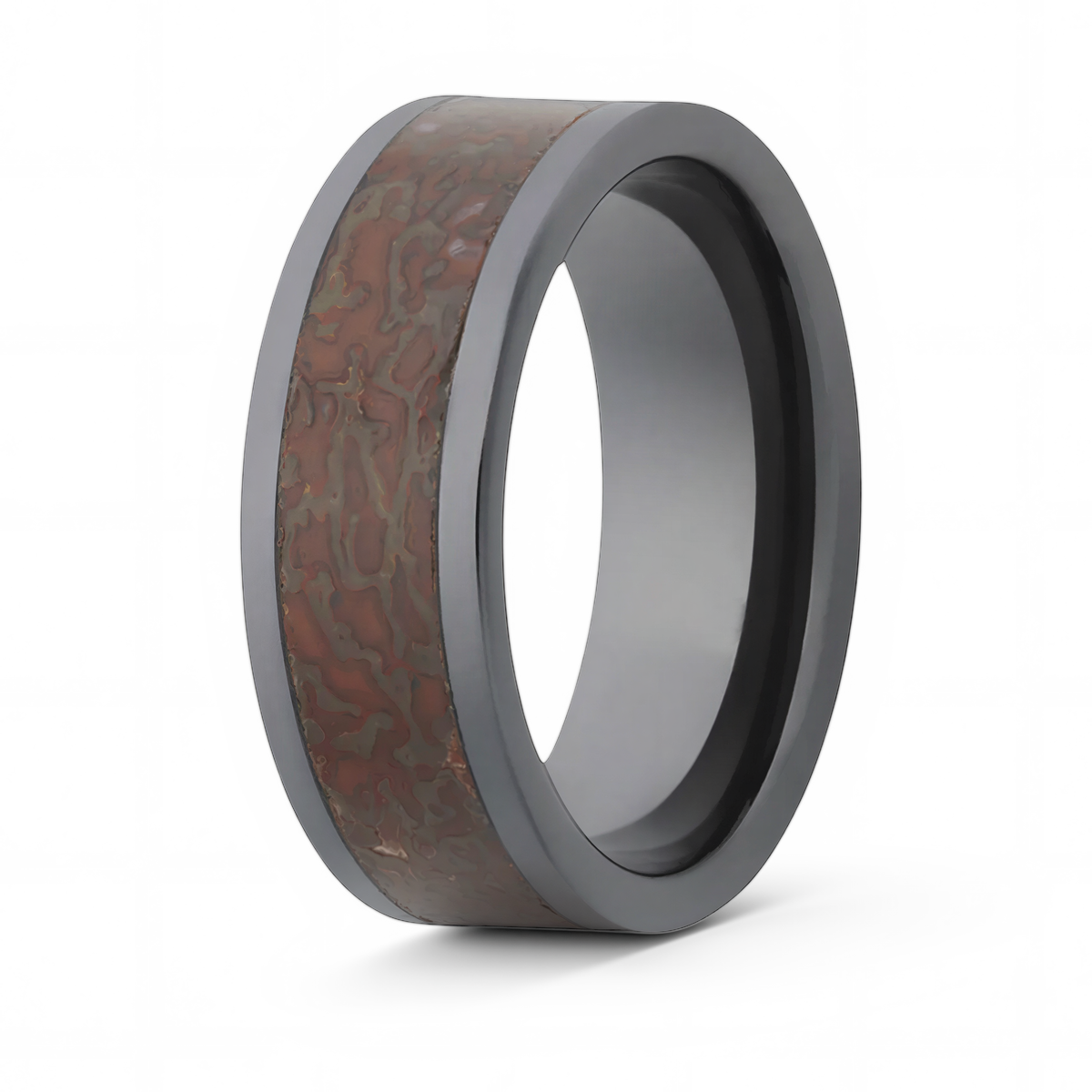 Red Dinosaur Bone Inlay Black Ceramic Wedding Band