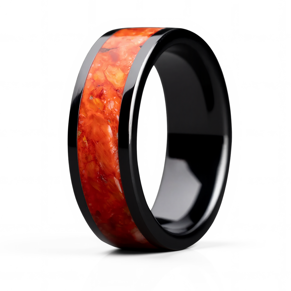 Red Spiny Oyster Inlay Black Ceramic Ring – 8mm