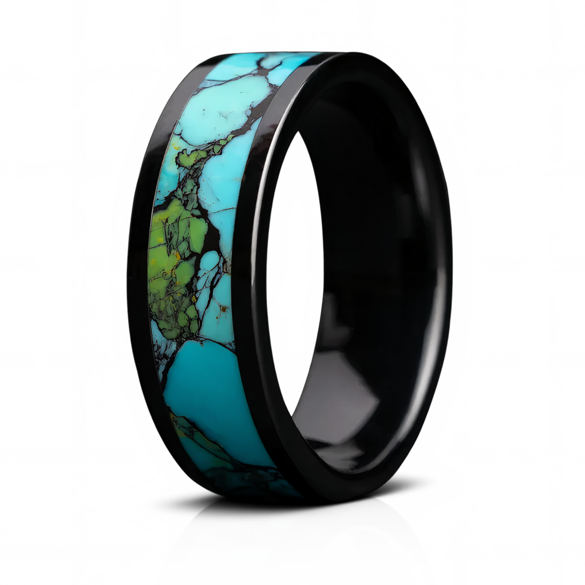 Turquoise Matrix Inlay Black Ceramic Ring – 8mm