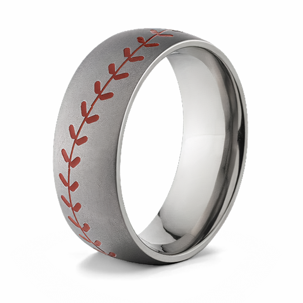 Mens Baseball Ring in a Brush Finish and Red Seams 