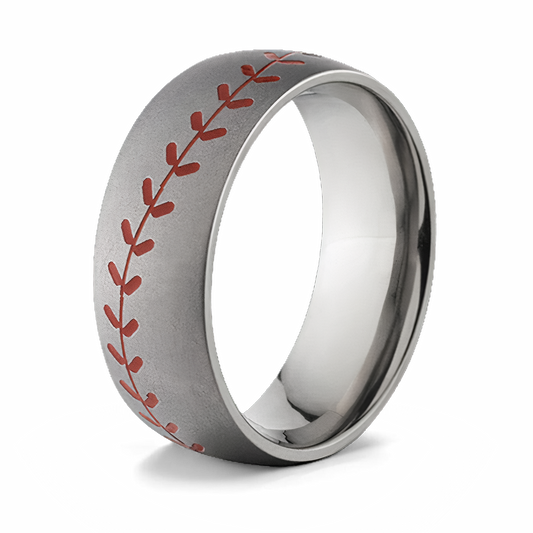 Mens Baseball Ring in a Brush Finish and Red Seams 