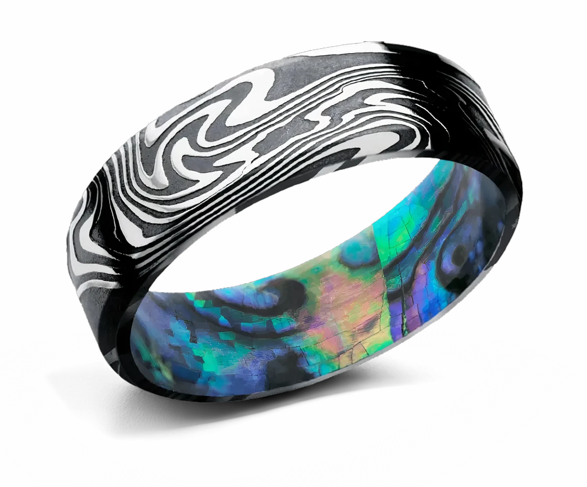 Beveled Damascus Wedding Band with Abalone Shell Sleeve 
