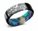 Beveled Damascus Wedding Band with Abalone Shell Sleeve 
