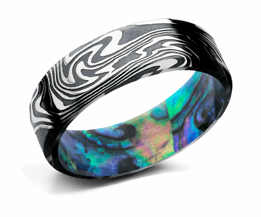 Beveled Damascus Wedding Band with Abalone Shell Sleeve 