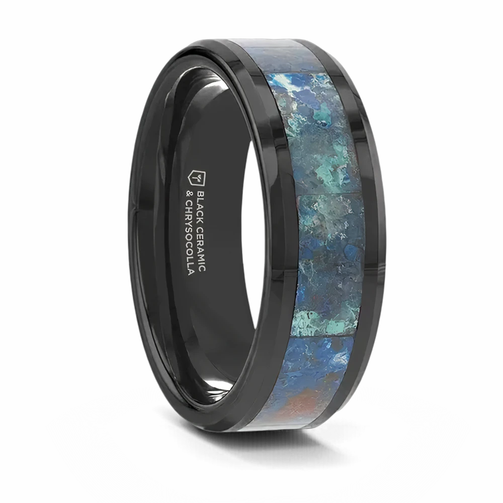 Black Ceramic Ring with Chrysocolla Inlay 