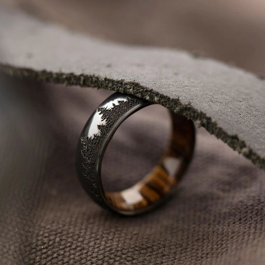 Black Forest Tree Line Ring wilth Whiskey Barrel Sleeve 
