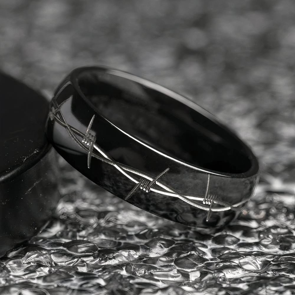 Black Ring with Barbed Wire Pattern - 7mm 