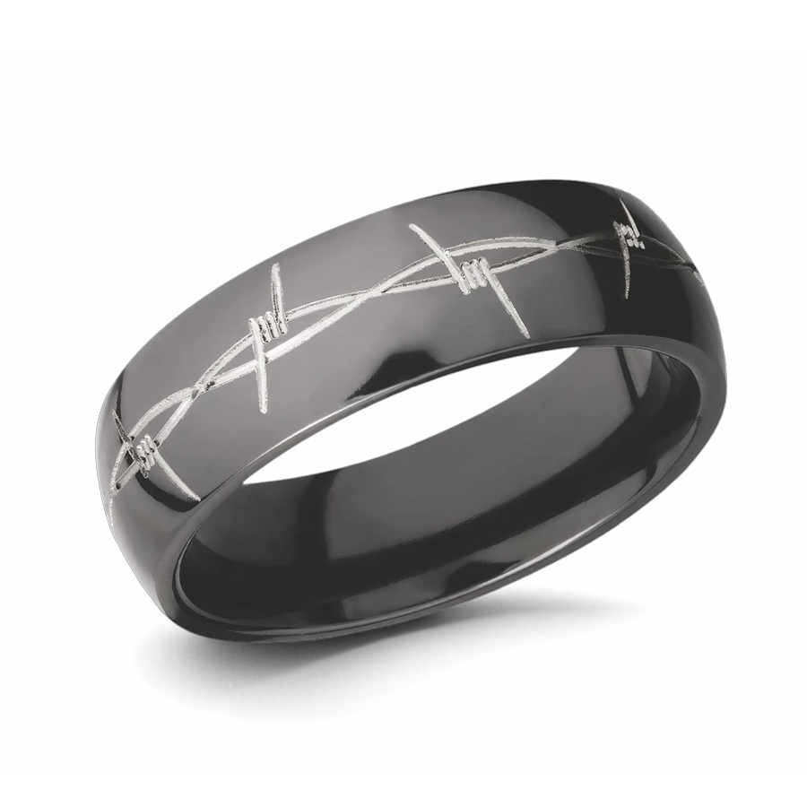 Black Ring with Barbed Wire Pattern - 7mm 