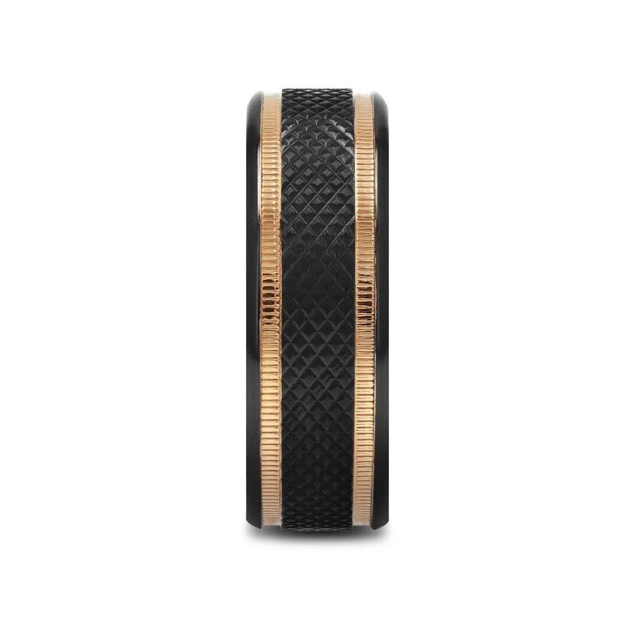 Black Titanium Diamond Pattern Ring with Gold Grooves 