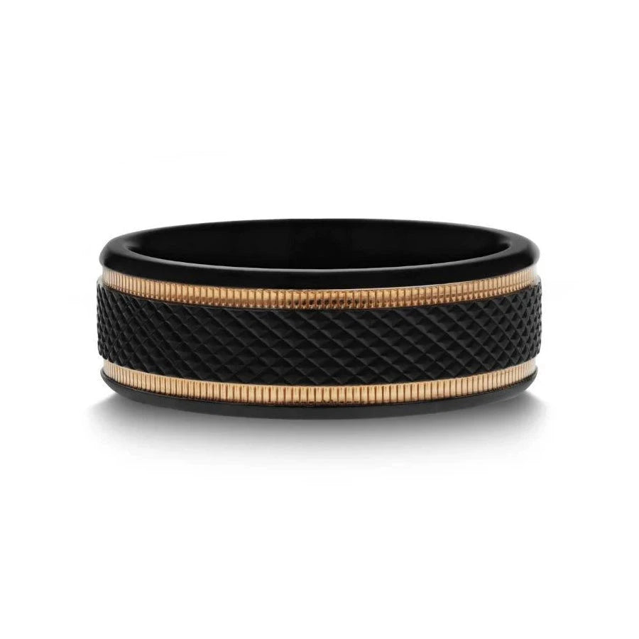 Black Titanium Diamond Pattern Ring with Gold Grooves 
