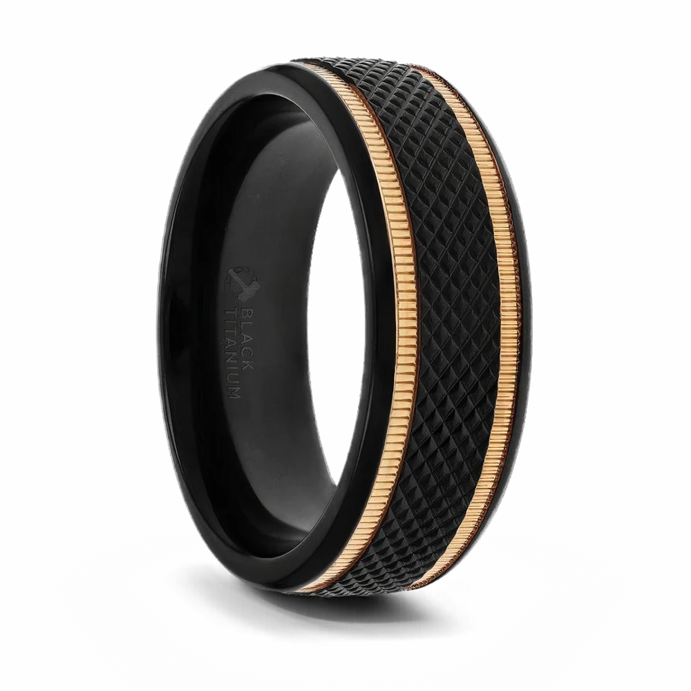 Black Titanium Diamond Pattern Ring with Gold Grooves 