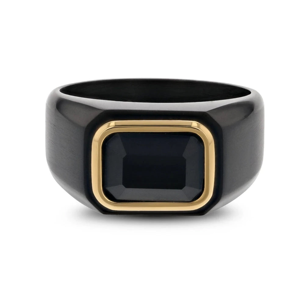 Black Titanium Signet Ring with Black Onyx Outlined in Gold Plating 