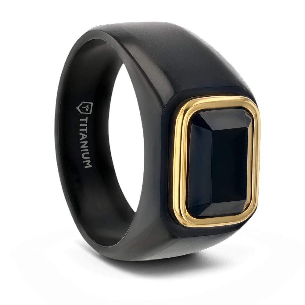 Black Titanium Signet Ring with Black Onyx Outlined in Gold Plating 