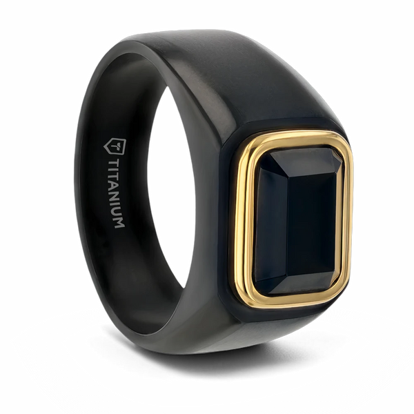 Black Titanium Signet Ring with Black Onyx Outlined in Gold Plating 