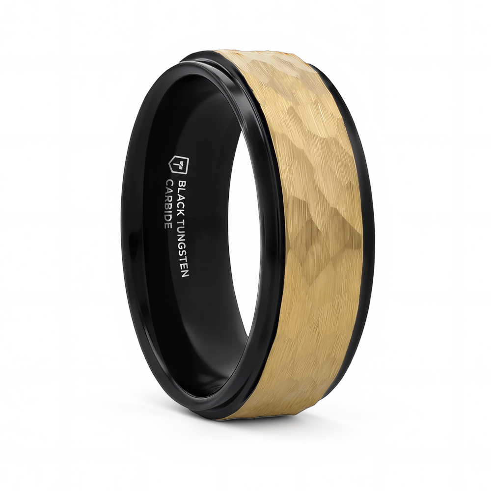 Black Tungsten RIng with Gold Hammered Center 