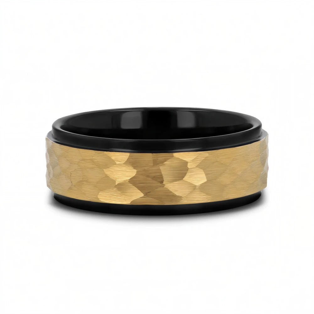 Black Tungsten RIng with Gold Hammered Center 